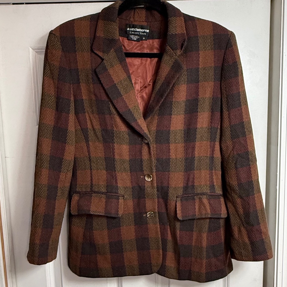Vtg Liz Claiborne Brown Plaid Blazer Jacket‎ Wool Blend Women Sz 6 Windowpane